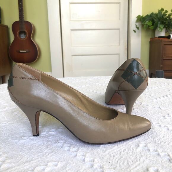 VTG Perry Ellis Portfolio Leather Heels Taupe Green Diamond 80s Italy 8 B Career - Picture 1 of 15